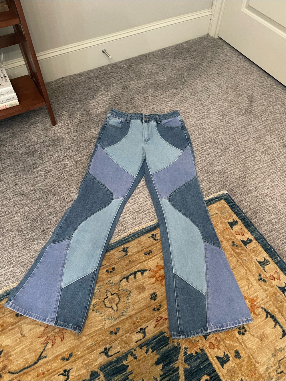 SHEIN Patchwork Flare Jeans in Mixed Blue Tones